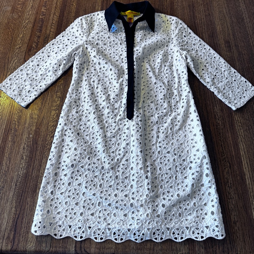 Catherine Malandrino White Eyelet Embroidered Shirt Dress  Black Accent Sz 2